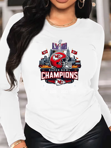 Camiseta de Manga Larga con Cuello Redondo, 100% Algodón Transpirable, Estampado Digital con Letras, Corte Regular, Informal, para <span class=keywords><strong>Mujer</strong></span>, de los Chiefs, Campeones del Super Bowl - Product Image 4