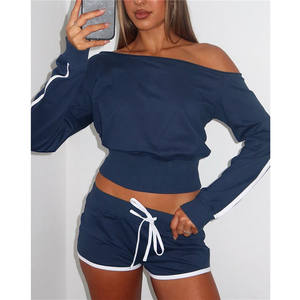 Lässige Damen Outfits Solid Off Showlder Crop Top und Kordel zug Shorts 2-teilige Sets - Product Image 3