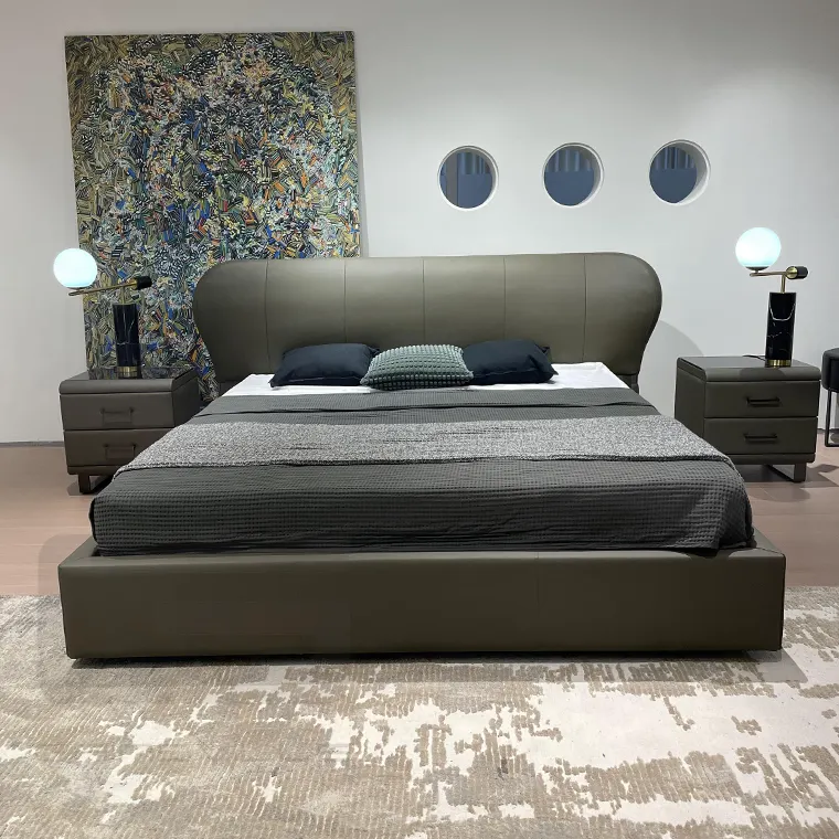 Bolso suave de lujo ligero italiano, cama de cuero, diseño minimalista moderno, muebles de dormitorio principal doble de gama alta