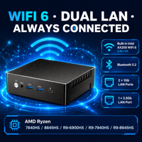 Mini PC compact AMD Ryzen 131x131x46mm 0.6kg DDR5 NVMe 4.0 WiFi 6 5.2 pour configuration de bureau portable et utilisation quotidienne