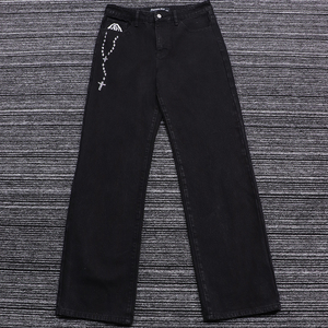 <span class=keywords><strong>Jean</strong></span> noir à jambe droite avec strass Jésus et croix sur la poche droite - Product Image 1