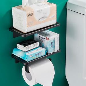 Porte-serviettes mural industriel en aluminium Sanga, noir, pour salle de bain, porte-papier toilette avec étagère pour téléphone - Product Image 2