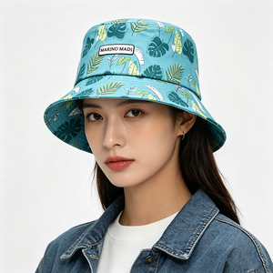 Chapeau Bob Unisexe en Toile Polyester/Coton à Imprimé Feuilles Tropicales Teal, Léger, avec Patch Brodé MARINO MADI, Idéal pour l'Été et la Plage - Product Image 1
