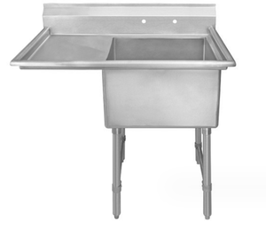Mesa de fregadero de un compartimento de acero inoxidable con respaldo contra salpicaduras con pies ajustables con escurridor izquierdo para restaurante - Product Image 3