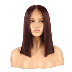 13X6 Wig Sintetik Renda Merah Anggur, 14 Wig Bob Burgundy Pendek Halus Bagian Tengah Wig Sintetis untuk Wanita, Sebelum Dipetik dengan Nat