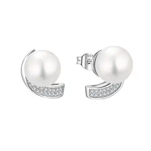 Sterling Silver 925 Earrings Silver Perl Shell Push Closure With Zirconia Clear White Cz Bezel Setting Pearl Earrings