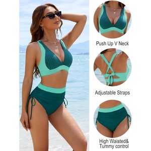 Conjunto de bikini de cintura alta para mujer, dos piezas, con cordón, control de abdomen, cuello en V profundo, ribete en contraste, traje de baño - Product Image 4