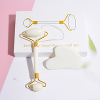 Rouleau de massage facial en jade blanc et ensemble Gua Sha – Outil 100 % pierre naturelle pour le visage, anti-âge, anti-poches, soin de beauté