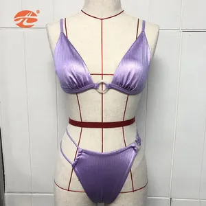 Parlak merserize kumaş Bikini O yuvarlak halka açık seksi mayo kadınlar yüksek bel mayo ve Beachwear