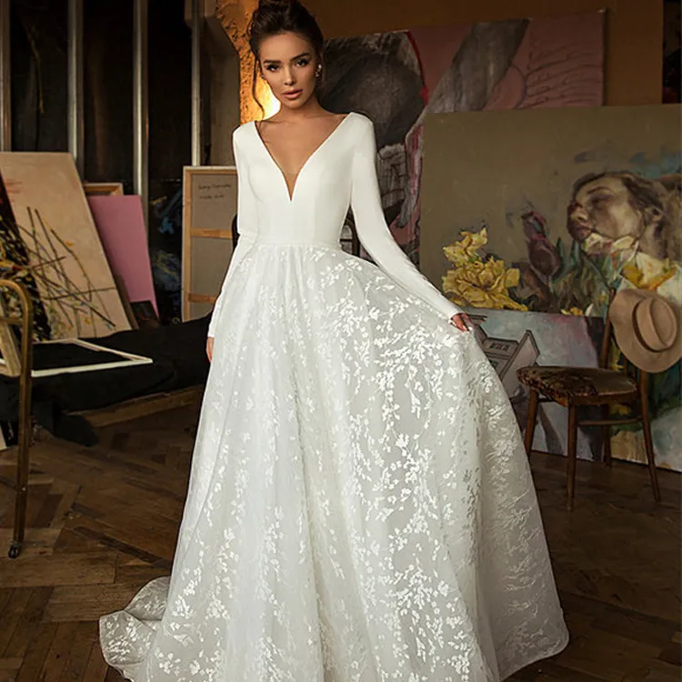 100 Dollar Long Sleeves Wedding Dress Deep V Neck White Lace Wedding Dress