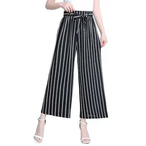 Korean style casual wide leg pants with straight stripes and 9-inch pants