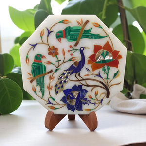 Tuile de marbre blanc poli de conception complexe de paon avec le travail d'incrustation d'artisanat en pierre de 5 pouces - Product Image 5