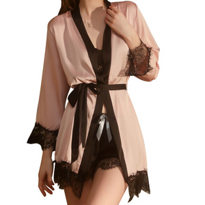 2024 Sexy Mature Ladies Satin <strong>Robe</strong> Set Sensual Lace Bra Shorts Kimono <strong>Robe</strong> 3 Pieces Women's Sleepwear Pajamas Woman