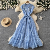 Robe longue décontractée pour femme, élégante, en dentelle brodée, avec ceinture à la taille, coupe trapèze, sans manches, pour le quotidien, les fêtes et les rendez-vous