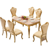 Table et chaises de salle à manger de style européen, de la Cour Française, en bois sculpté de luxe, avec plateau en marbre artificiel, forme rectangulaire