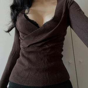 Crisscross V Neck <b>Brown</b> Knit <b>Top</b>, <b>Long</b> <b>Sleeve</b> Women's T Shirt, Slim Fit Casual <b>Top</b>, Y2K Retro Minimalist Fashion - Product Image 2