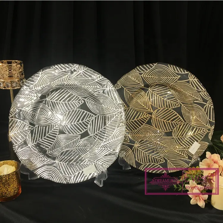 Golden leaves pattern charger plates wholesale plastic wedding plates