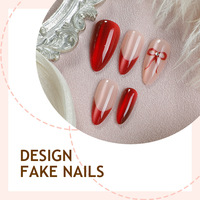 ZHI JIA Offre Spéciale Saint-Valentin Faux Ongles Réutilisables de Haute Qualité, Rouge Œil de Chat, French Manucure, Forme Amande, à Coller, avec Nœud Papillon