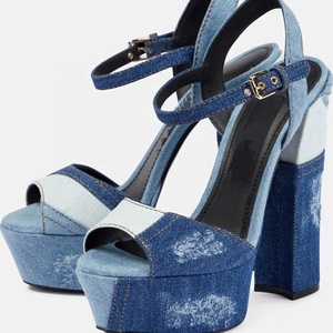 Sandalias de Plataforma Gruesa para Mujer, Diseño de Parches en Mezclilla Azul, Tacones Altos y Gruesos, Correa en el Tobillo, Punta Abierta, Zapatos de Verano - Product Image 3