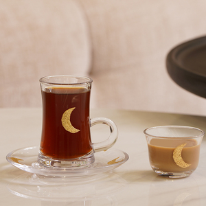Tazza di vetro fatto a mano e piattino stile arabico con decalcomania fatta a mano tazza di tè e tazza di caffè set di tè turco - Product Image 1