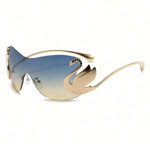 Lunettes de soleil surdimensionnées à verres monobloc UV400 pour femmes, avec logo personnalisé, monture cygne ornée de strass de luxe, collection 2025 - Product Image 2