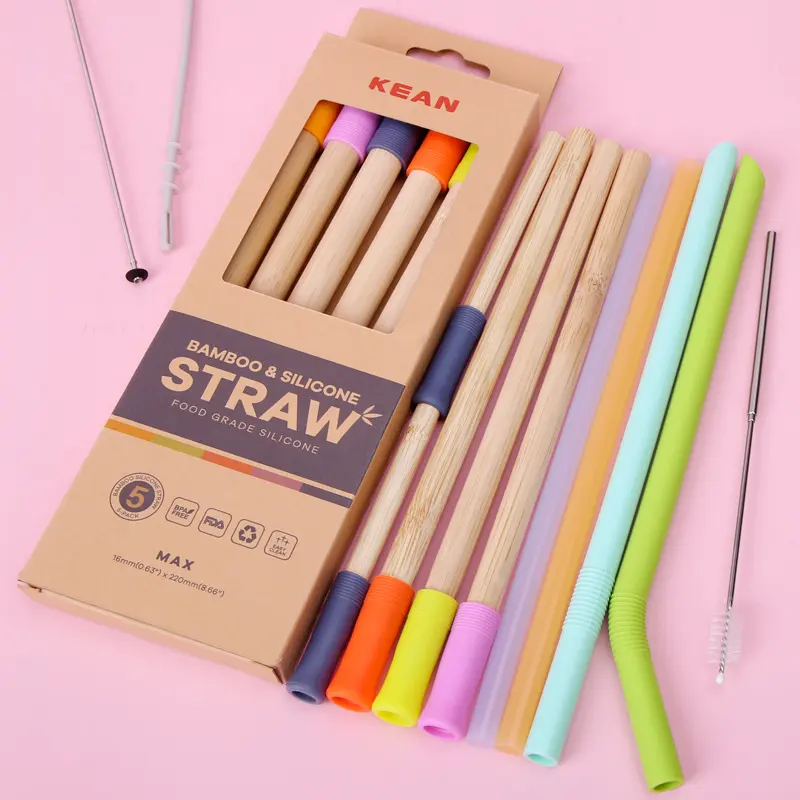 Trending Hot Fancy Big Double Juice Organic Eco Friendly Folding Collapsible Reusable Silicone Bamboo Drinking Straw