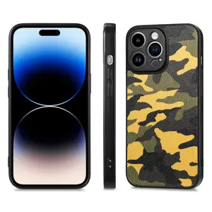 Capa de couro pu camuflada para iphone 14, proteção completa para câmera, para iphone 13 pro max 12 pro