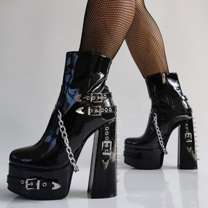 Big Size 47 Women's Metal Chain Side Zipper Ankle <b>Boots</b> Wide Fit High Chunky Heels Shoes Back Rivets Patent Short Booties - Product Image 1