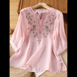 Women's <b>Linen</b> Blouse Embroidered Floral Loose Fit Summer <b>Top</b> Breathable Vintage Style Casual Wear - Product Image 3