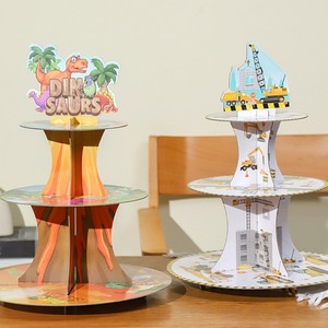 Lot de 2 plateaux ronds jetables en carton motif dinosaure excavateur pour gâteaux, idéal pour les fêtes d'anniversaire d'enfants, support de <span class=keywords><strong>table</strong></span> à desserts et à collations - Product Image 1