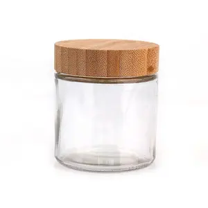 hot sell 300ml 10oz Clear Wide Mouth glass jar for food storage tea leaf with wooden bamboo lid