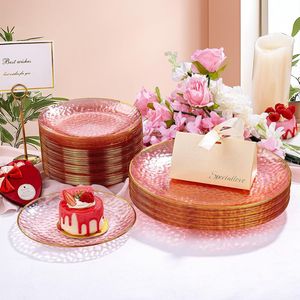 Assiettes en plastique à bord doré, motif martelé, bord <span class=keywords><strong>rose</strong></span> doré, <span class=keywords><strong>vaisselle</strong></span> de fête <span class=keywords><strong>jetable</strong></span>, ensemble de <span class=keywords><strong>vaisselle</strong></span> élégante - Product Image 5