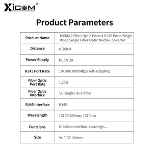 Xicom 1000M 2ไฟเบอร์ออปติก4 RJ45โหมดเดียวแปลงสื่ออินเตอร์เฟซ SC 1.25g 0-20กม. ระยะทาง - Product Image 1