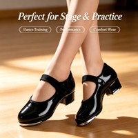 Chaussures de claquettes noires respirantes pour femmes, à talon carré, style Mary Jane avec bride, pour la scène et la pratique