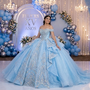 Xs313 Modern Stunning Crystal Choker Shoulder Scattered Rhinestone Ruffle Baby Blue Glitter <b>Ball</b> <b>Gown</b> Chapel Quinceanera Dress - Product Image 1