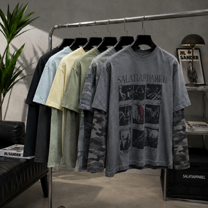 T-shirts personnalisés pour hommes avec logo imprimé numériquement, faux deux-pièces, camouflage, manches longues, coupe ample, effet vieilli - Product Image 1