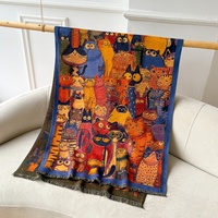 Selendang Rajut Jacquard Gaya Artistik Vintage Motif Kucing, Besar, Bolak-Balik, Berumbai, Hangat, Cocok untuk Musim Gugur dan Dingin, Ruangan Ber-AC, Wanita