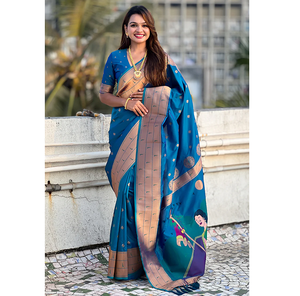 Sari de Seda Paithani Azul de Lujo con Motivos de Zari y Bordes Étnicos, Perfecto para Festivales y Celebraciones - Product Image 5