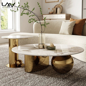 Set di Tavolini da Caffè Moderni di Lusso con Struttura in Metallo e Piano in Ardesia, Tavolino Rotondo Dorato per Hotel e Soggiorno - Product Image 2