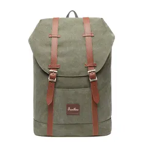 2022 New Fashion Durable Army Green Rucksack Bags Canvas Leather Backpack with Front 2 Leather strips