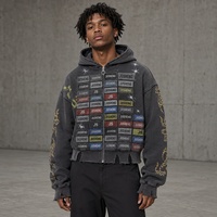 Ensemble de sweat-shirt à capuche zippé en tricot gaufré gris foncé JUSHENG avec étiquette imprimée, ensemble deux pièces streetwear
