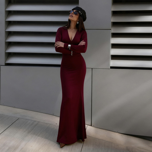 คอวีหรูหรา สีพื้น แขนยาว ชุดเดรสแม็กซี่ทรงเมอร์เมด ชุดปาร์ตี้ ชุดคลับแวร์ ทรงเข้ารูป สง่างาม ลำลอง ฤดูใบไม้ผลิ ฤดูใบไม้ร่วง - Product Image 6