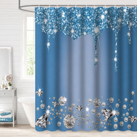 Tirai Mandi Biru Desain Berlian Berkilau dengan Tepi Bergelombang Dekoratif untuk Kamar Mandi Modern.
