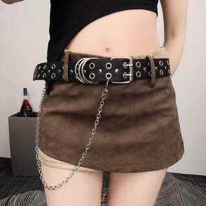 Sabuk Kulit PU Punk Wanita dengan Lubang Ganda dan Rantai Logam, Gesper Paduan Logam Berhias Stud, Sabuk Pinggang Dekoratif - Product Image 5