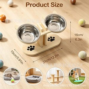 Comedero doble de madera para gatos con soporte, protector de cuello de acero inoxidable, soporte para cuencos de comida para mascotas, comedero para gatos, antideslizante - Product Image 4