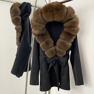 OFTBUY Nuovo Cappotto Invernale in Misto Lana e Cashmere per <span class=keywords><strong>Donna</strong></span>, con Collo in Vera Pelliccia di Volpe, Cappuccio, Vestibilità Slim, <span class=keywords><strong>Trench</strong></span> in Lana Double Face - Product Image 2