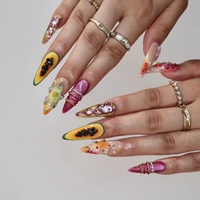 Zomerse tropische papaja 3D bloemen opzetnagels imitatie-fruit kleurrijke strass steentjes schelp gouden folie zoete vakantie-gevoel nagels