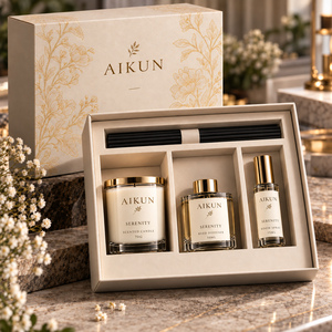 Aikun Matching Gold Accent 3 Piece Home Fragrance Gift Set with Candle <b>Reed</b> <b>Diffuser</b> Room Spray Custom Branding <b>for</b> Interiors - Product Image 2