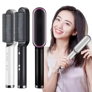 Fast Heating Ceramic Hair Straightener 2 in 1 Electric Straighten Hair Brush Professional Curler Straightener Comb Styler