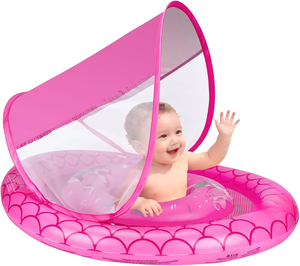 Bouée de piscine pour bébé en PVC rose à écailles de sirène avec auvent solaire amovible et siège de sécurité réglable - Product Image 1